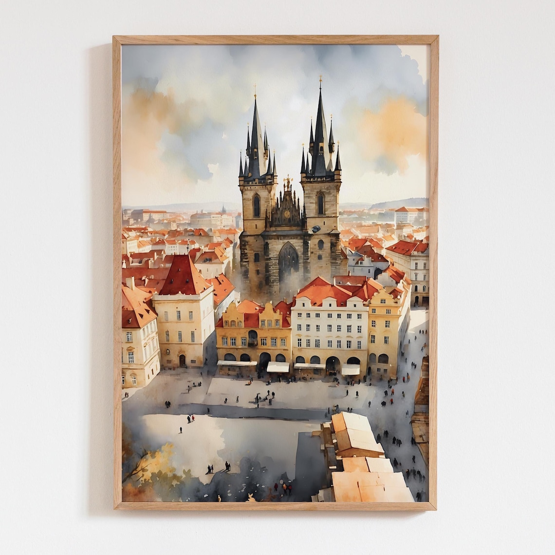 Prague Old Town Square Watercolor Church Spires Czech Republic Poster