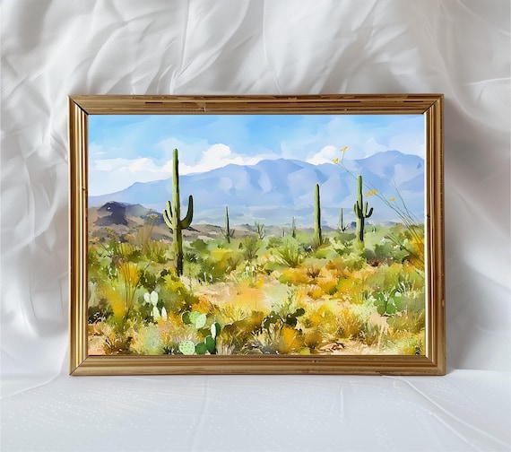 Saguaro Cactus Desert Watercolor Mountains Southwest Landscape Wall Art