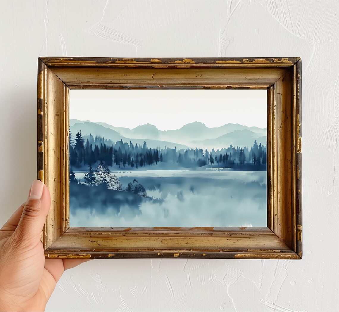 Rocky Mountains Misty Lake Watercolor Blue Monochrome Forest Mountain Poster