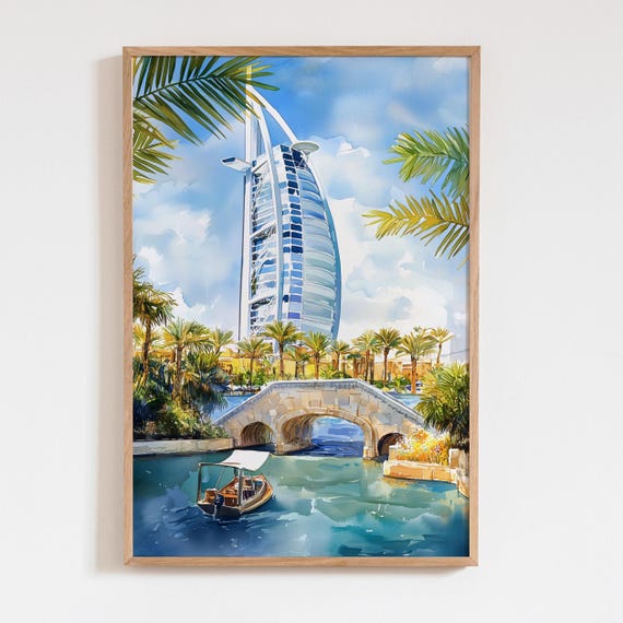 Burj Al Arab Watercolor Print Dubai Wall Art With Palm Trees Boat Vibrant Cityscape Painting Travel Gift Luxury Hotel Decor