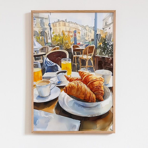 Paris Cafe Watercolor Art Print, French Breakfast