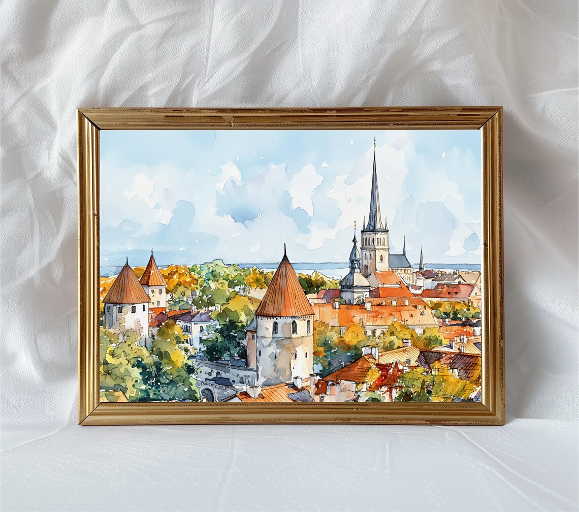 Tallinn Old Town Skyline, Watercolor Travel Poster
