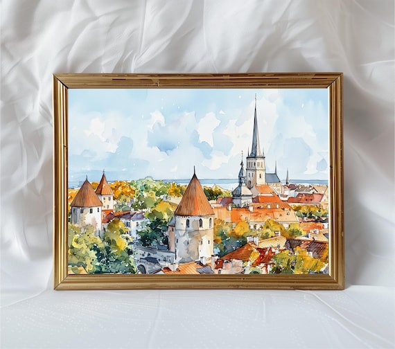 Tallinn Old Town Skyline, Watercolor Travel Poster