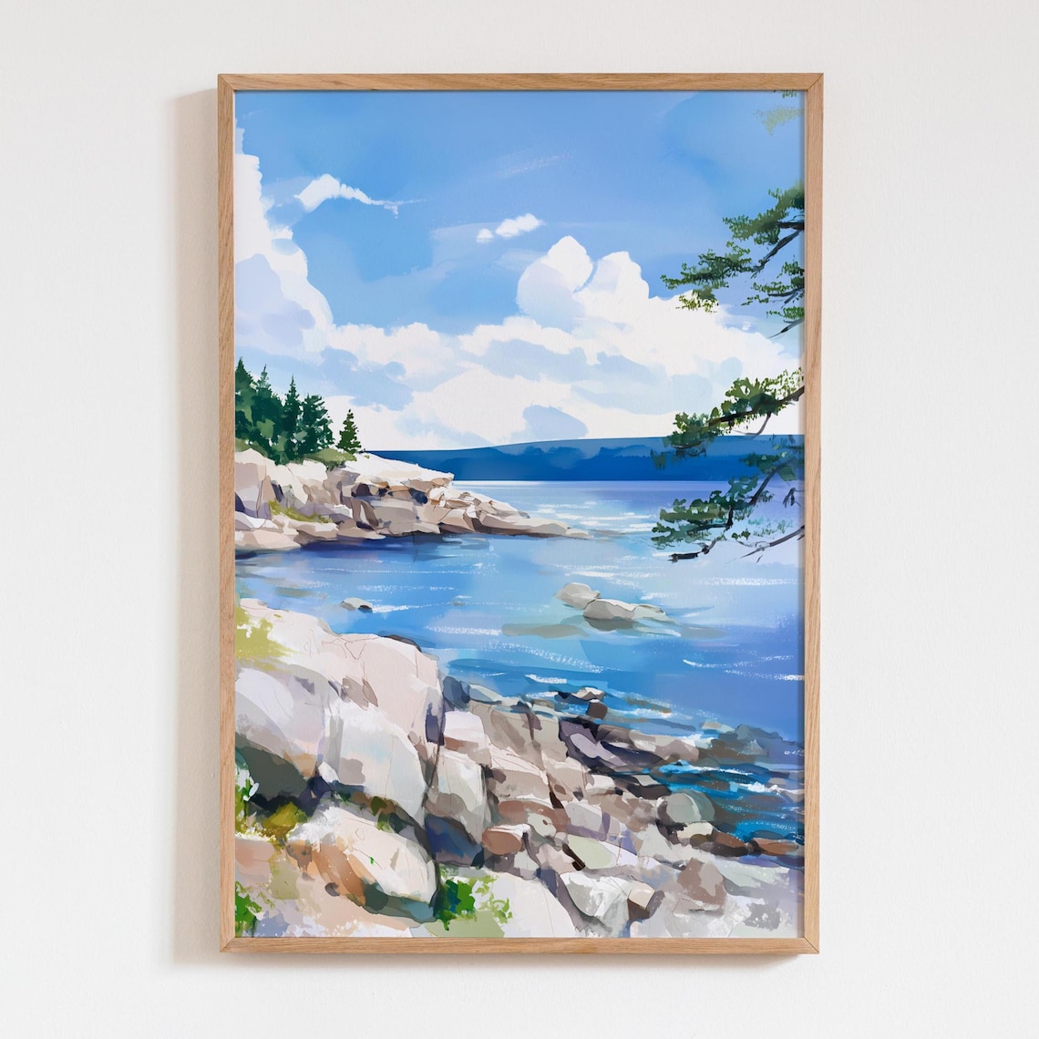 Acadia Coastal Watercolor Print, Rocky Maine Shoreline