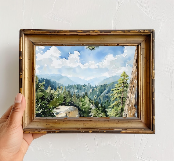 Majestic Evergreen Forest Watercolor Painting Mountain Valley Poster
