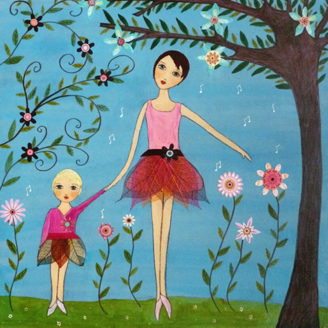 Mother and Daughter Ballerinas Dancing in Flower Garden Art Poster