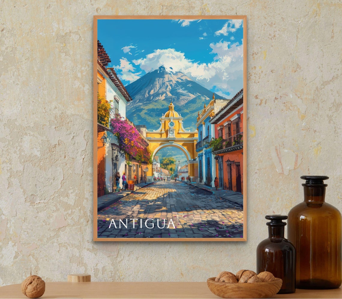 Antigua Guatemala Travel Poster Vibrant Colonial Architecture And Volcanic Scenery Wall Art Print - Image 3