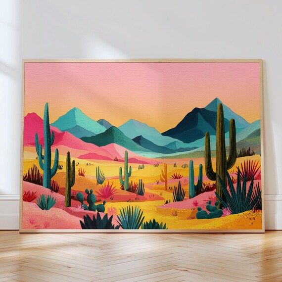 Colorful Desert Sunset Cactus Mountains Southwestern Landscape Poster
