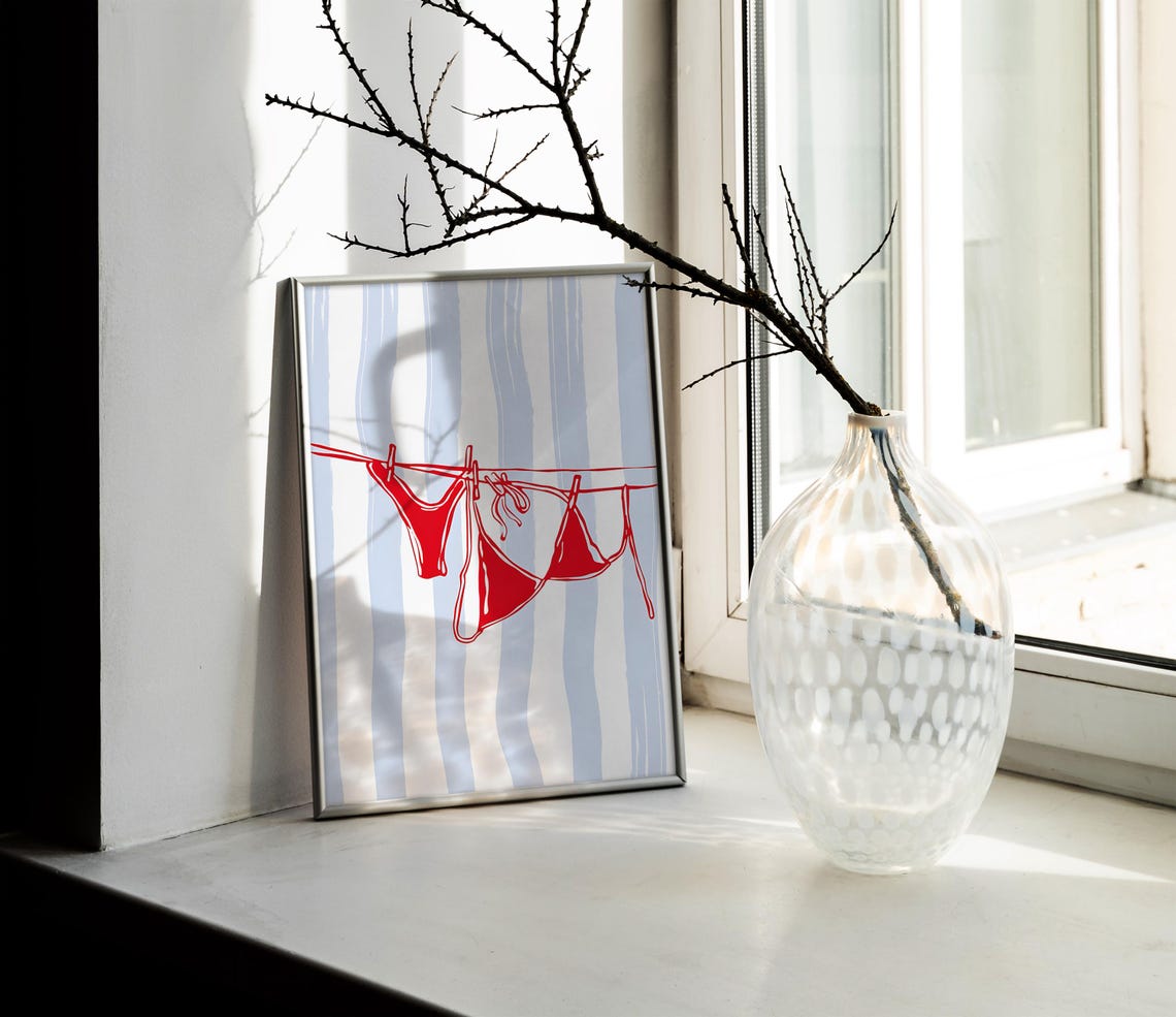 Red Bikini Clothesline Blue Striped Summer Beach House Decor Poster - Image 2