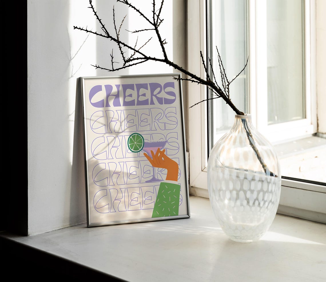 Cheers Repeated Groovy Cocktail Hand With Lime Retro Bar Poster - Image 2