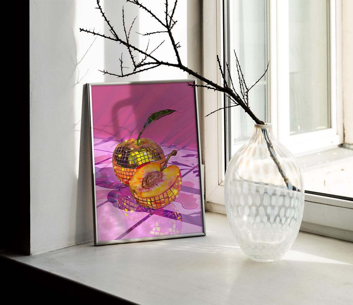 Disco Ball Peach Halved Mirrorball Fruit Hot Pink Party Poster - Image 2