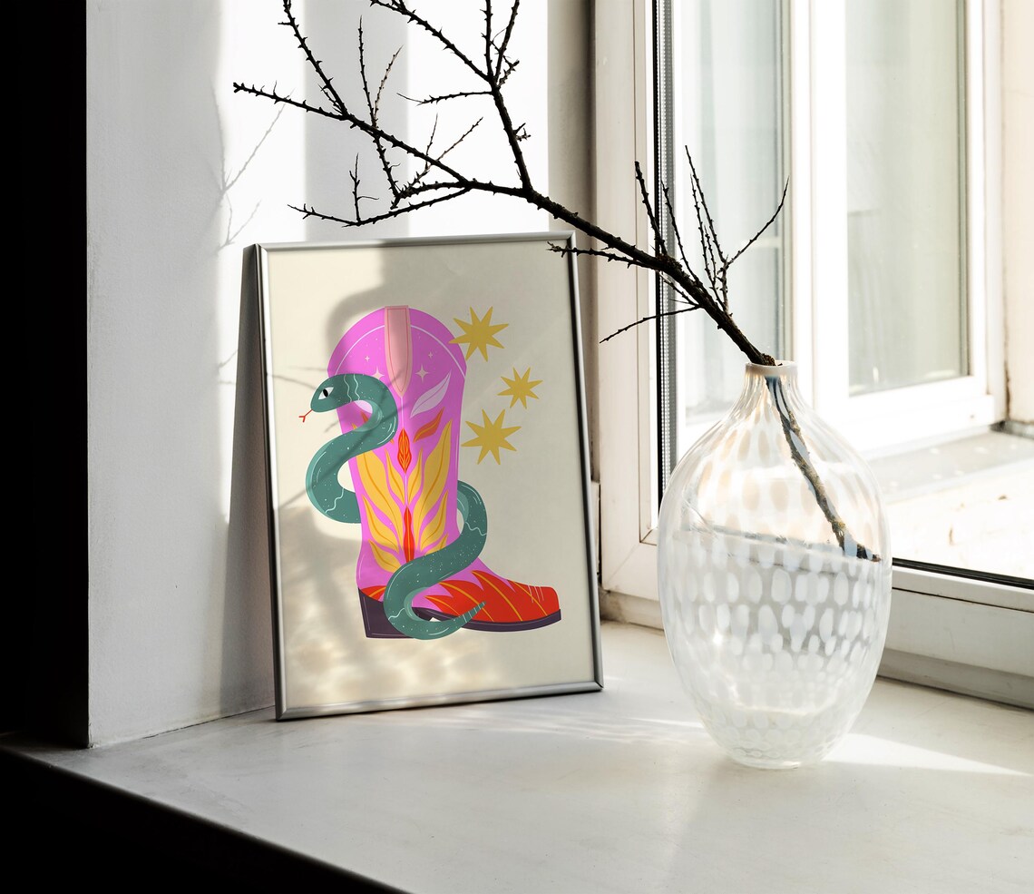 Pink Cowboy Boot With Green Snake Stars Western Pop Art Poster - Image 2