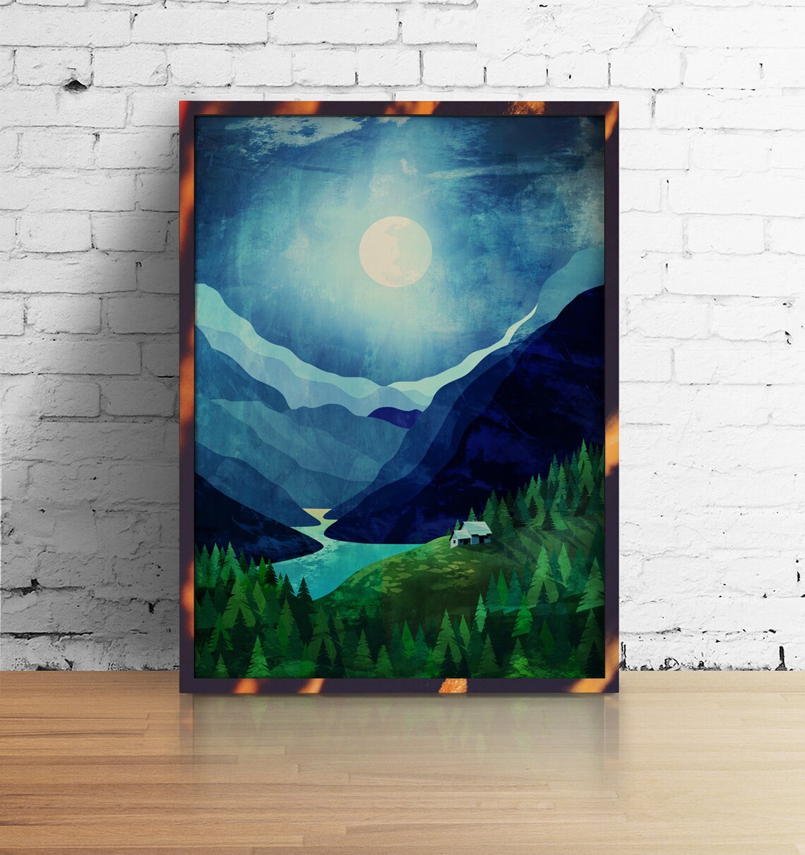 Moonlight Shadow Mountain Landscape Art Print - Image 3