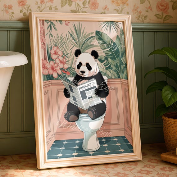 Panda On The Toilet Bathroom Wall Print Funny Home Decor Trendy New Gifts