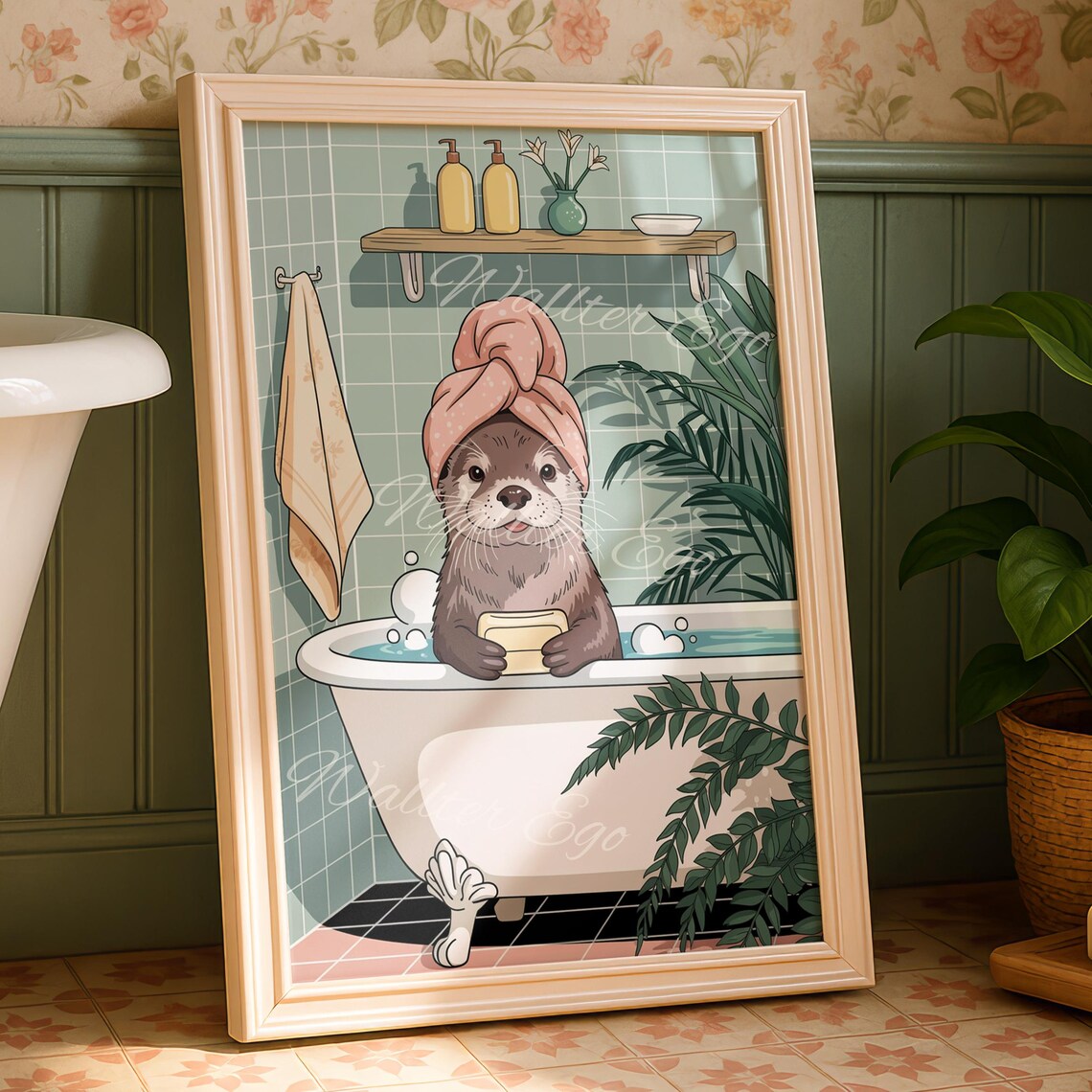 Otter Taking A Bath Bathroom Wall Print Funny Home Decor Trendy New Gifts