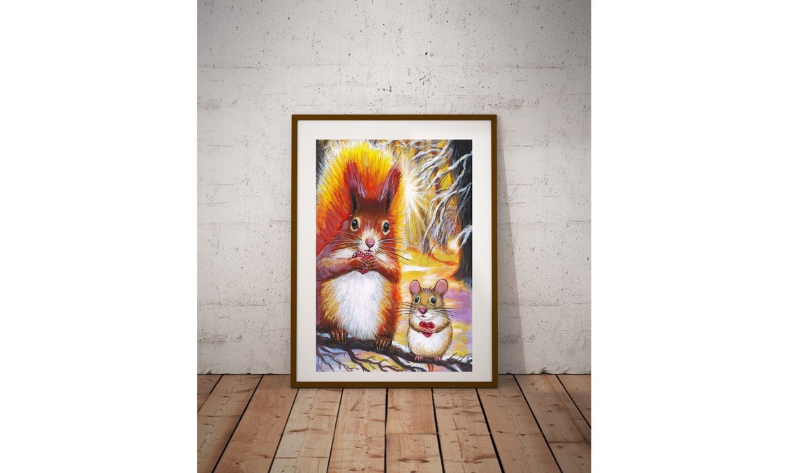 Red Squirrel and Mouse Friends Autumn Watercolor Heart Poster