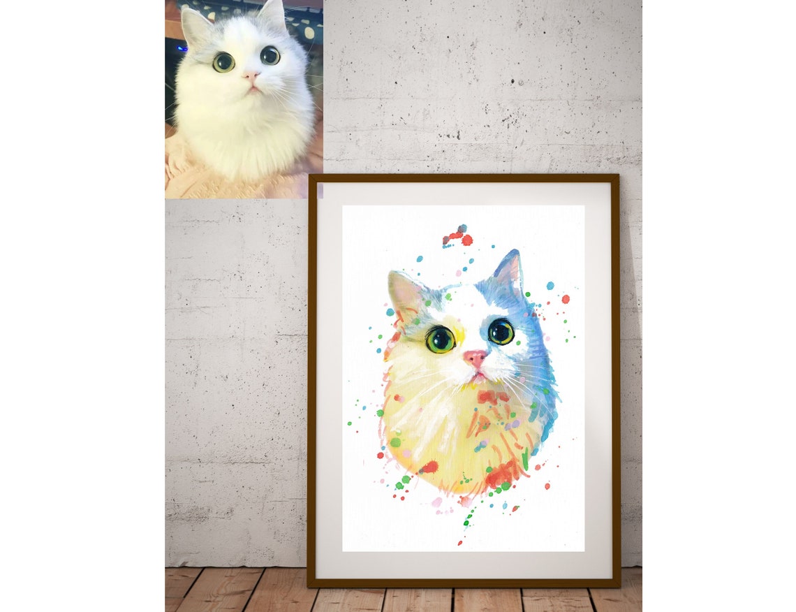 Custom White Long Haired Cat Portrait Watercolor Splash Art Poster