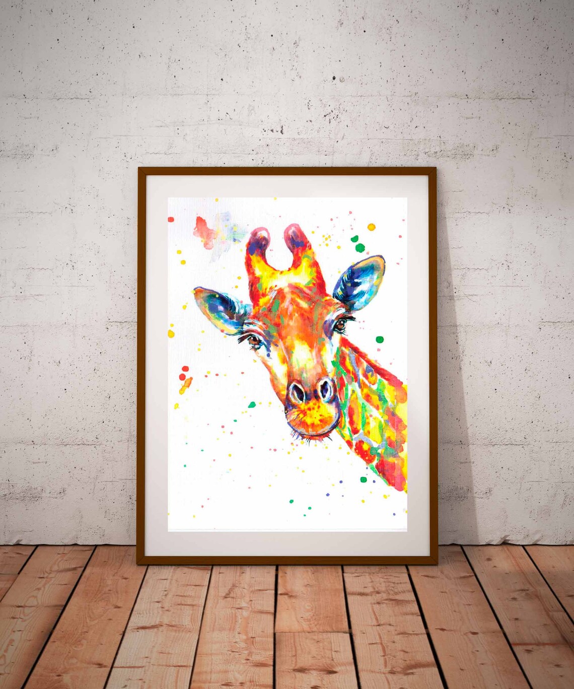 Giraffe Head Rainbow Watercolor Paint Splash Safari Animal Art Poster