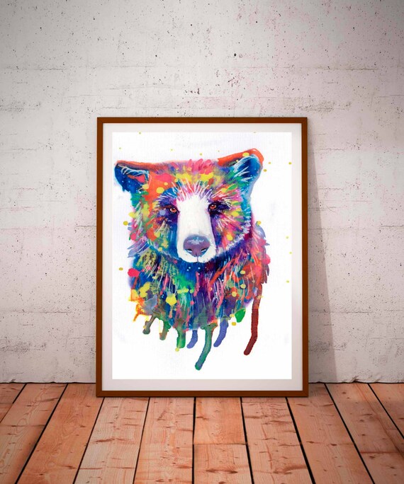Colorful Bear Face Watercolor Splash Rainbow Wildlife Art Poster