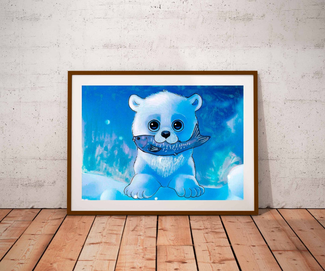 Sweet Polar Bear Cub With Fish Watercolor Nursery Art Poster