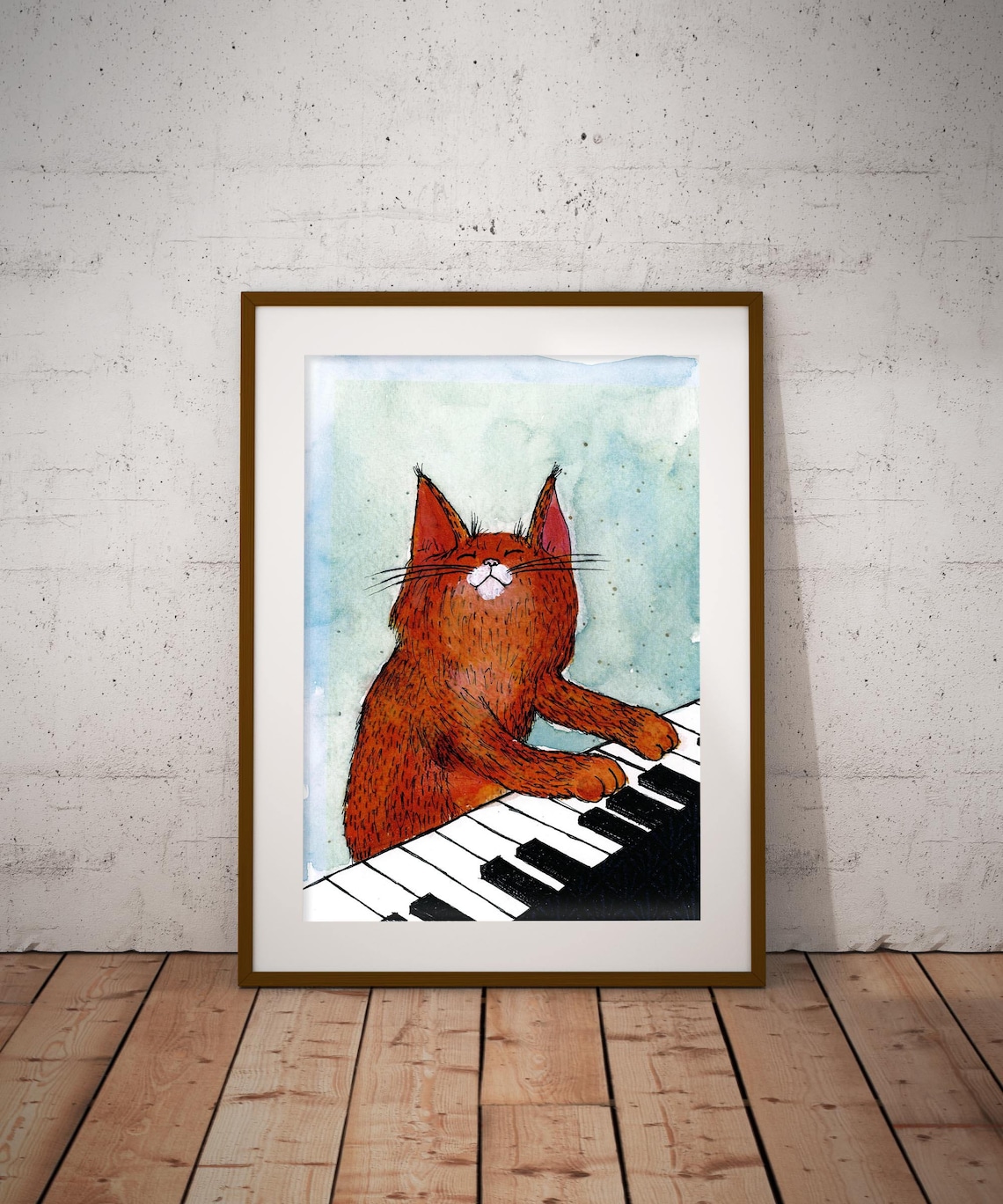 Cat Piano Watercolor Poster, Nursery Room Decor
