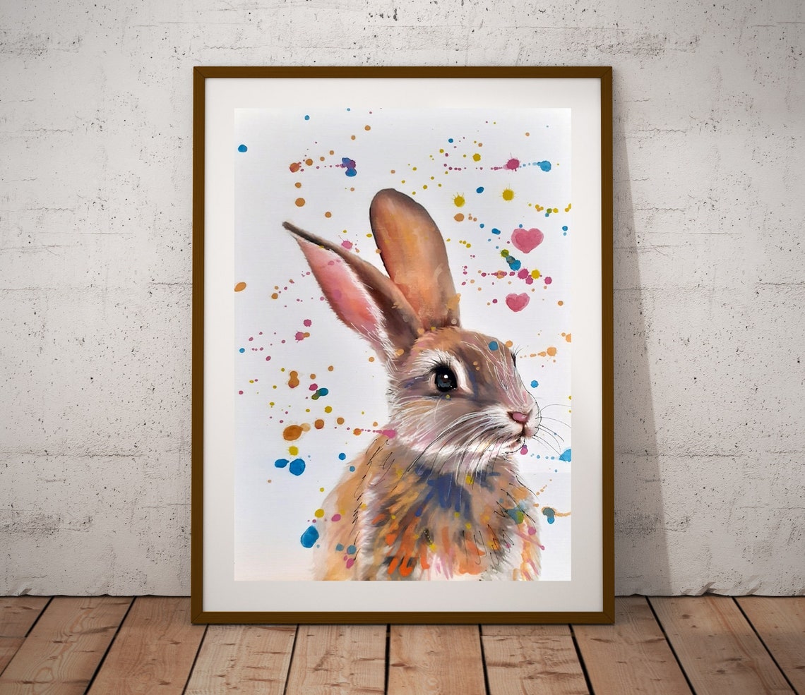 Cute Rabbit With Hearts Watercolor Splatter Bunny Nursery Wall Art