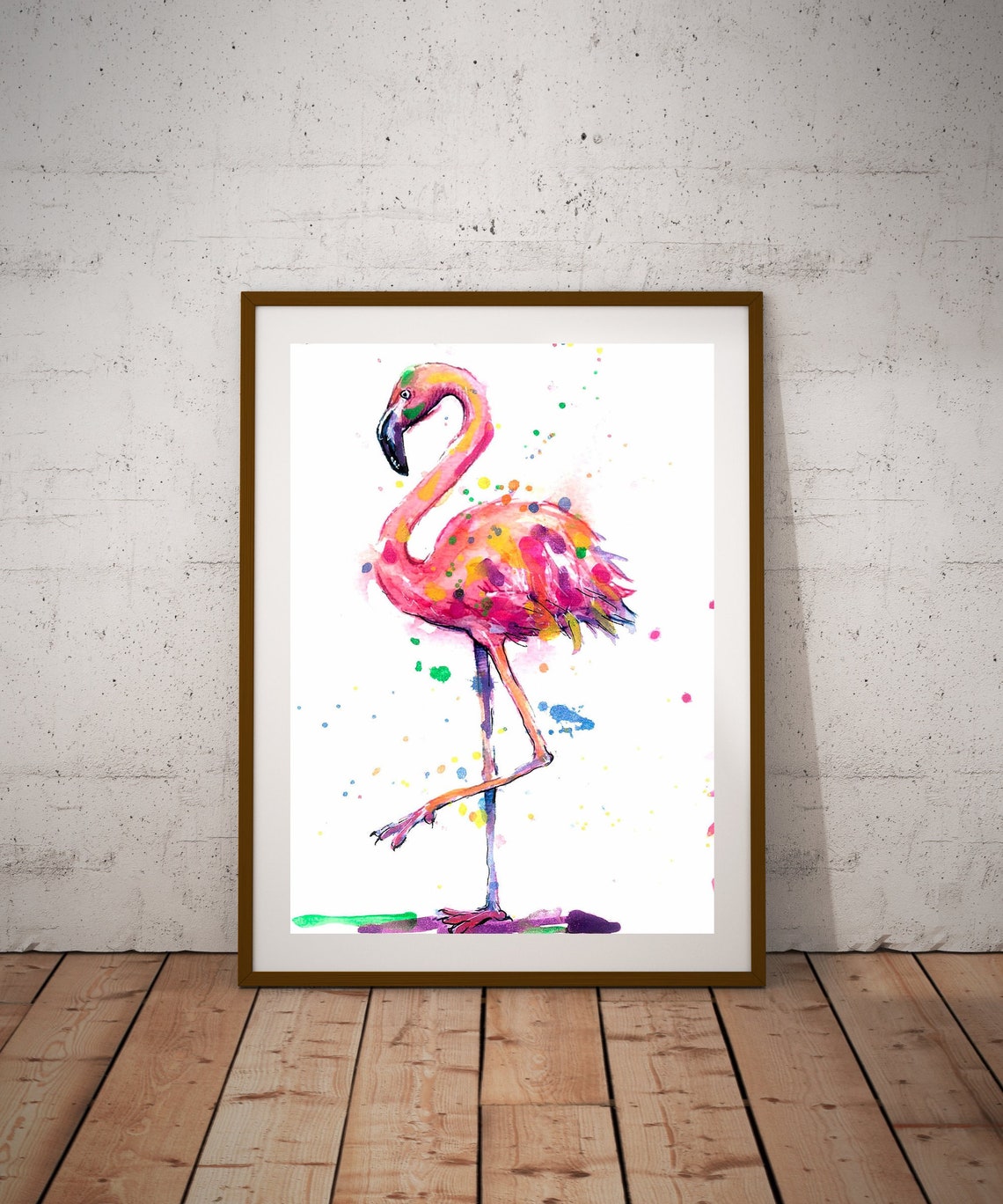 Pink Flamingo Standing Colorful Watercolor Splash Art Poster