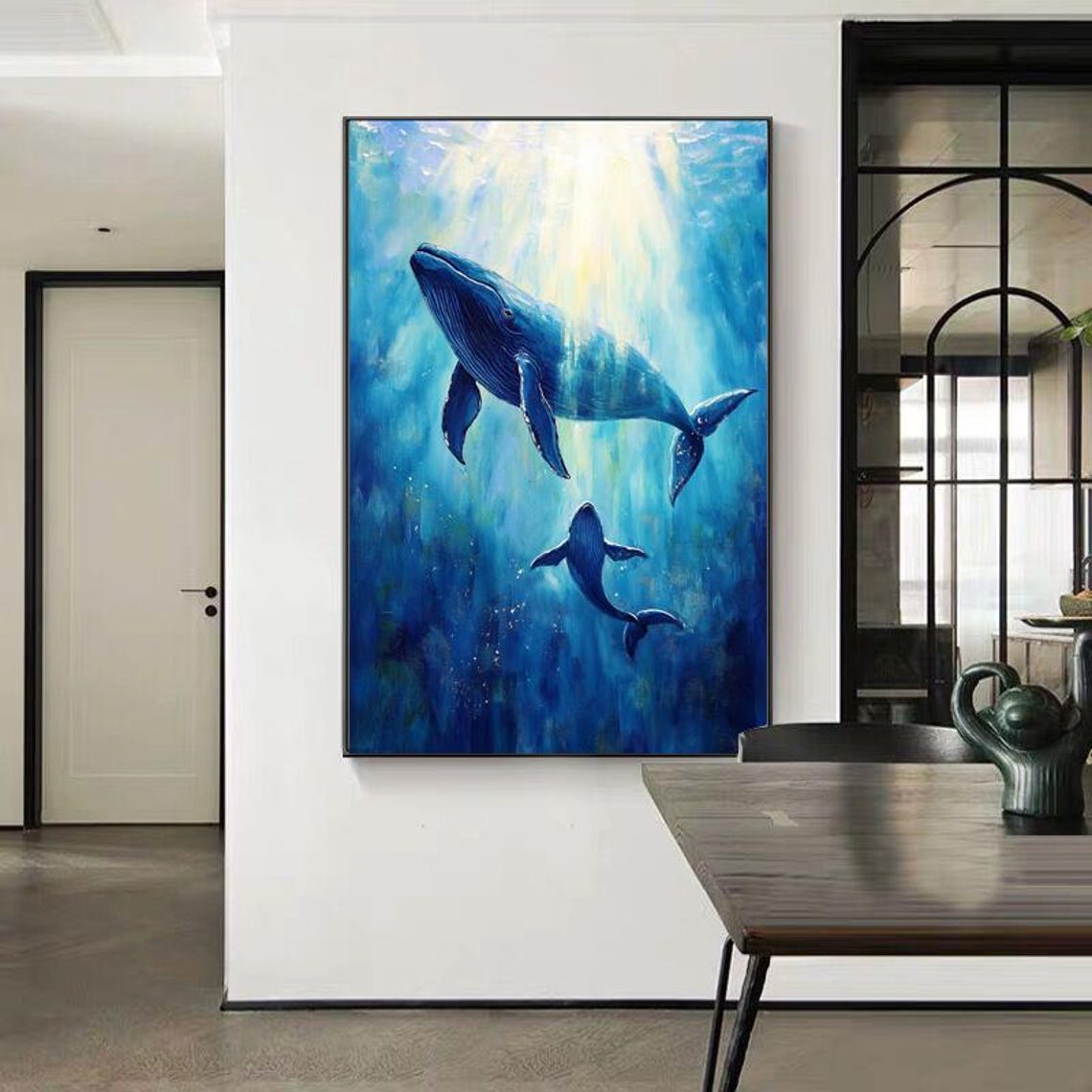 Two Blue Whales Swimming In Sunlit Deep Blue Ocean Vertical Art Poster - Image 2