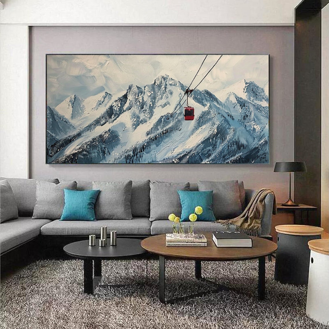 Serene Snowy Alpine Peaks With a Red Cable Car Winter Scene Poster - Image 5