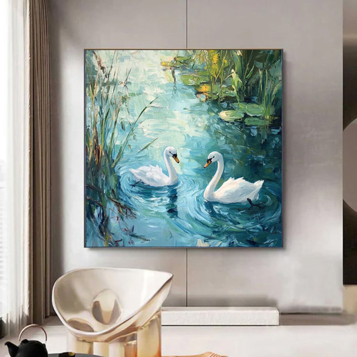 Swans With Water Plants, Abstract Oil Painting - Image 5