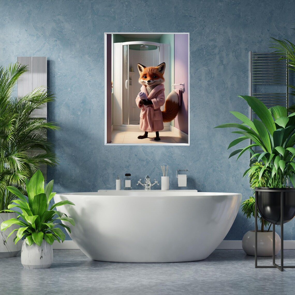 Cute Smiling Fox In Pink Bathrobe Holding Towel In Bathroom Poster - Image 5