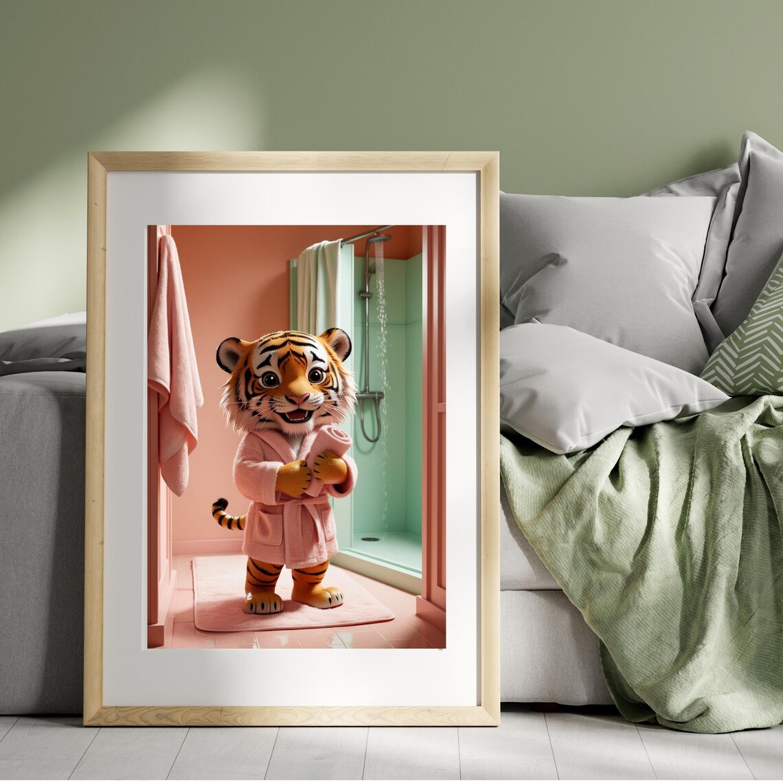 Adorable Tiger Cub In Pink Bathrobe Standing In Bathroom Poster - Image 2