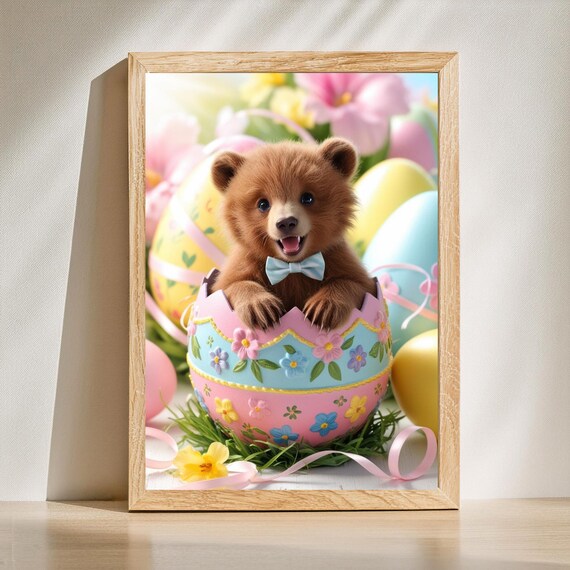 Baby Bear With Bow Tie Sitting In Decorated Easter Egg Poster