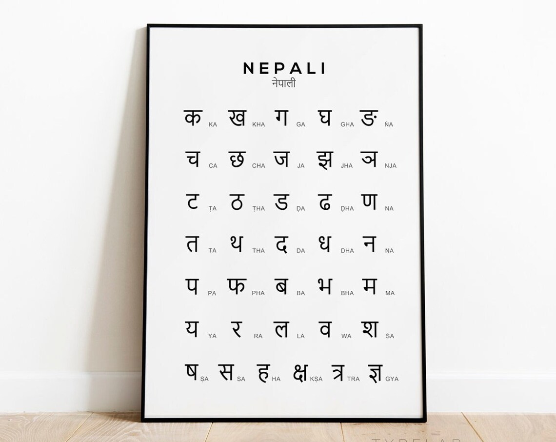 Nepali Alphabet Chart, Himalayan Language Wall Art