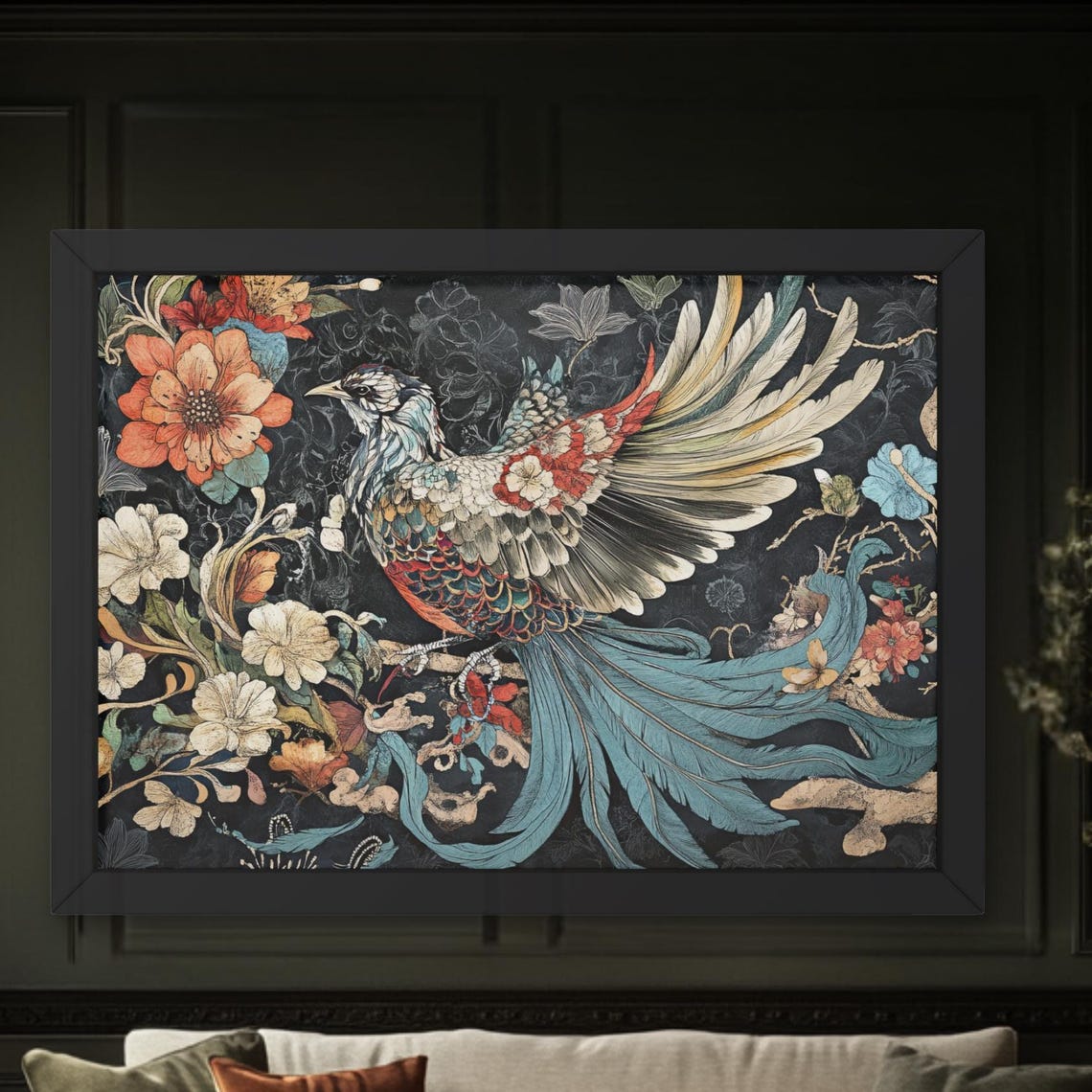 William Morris Inspired Exotic Bird Long Tail Dark Floral Wall Poster