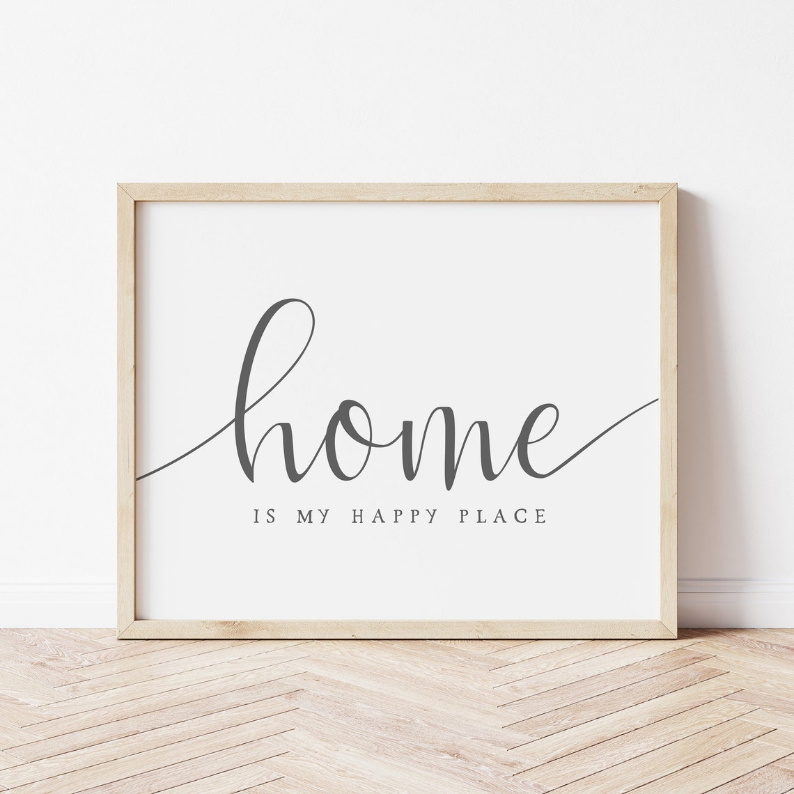 Home Is My Happy Place Gray Script Minimalist Quote Wall Art