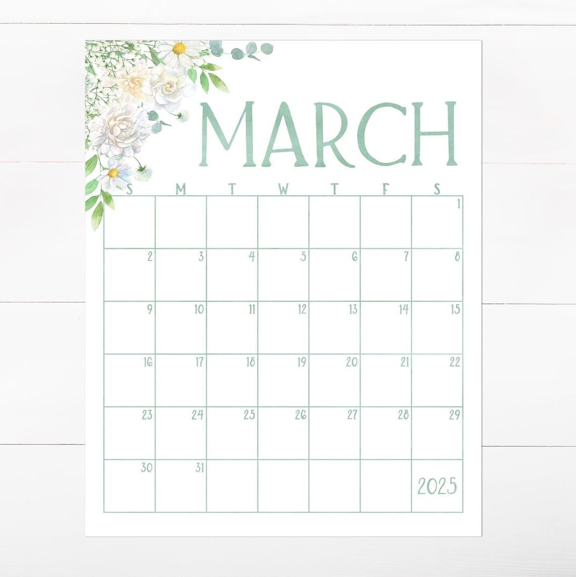 March 2025 Calendar White Daisy Floral Spring Monthly Planner Print - Image 4
