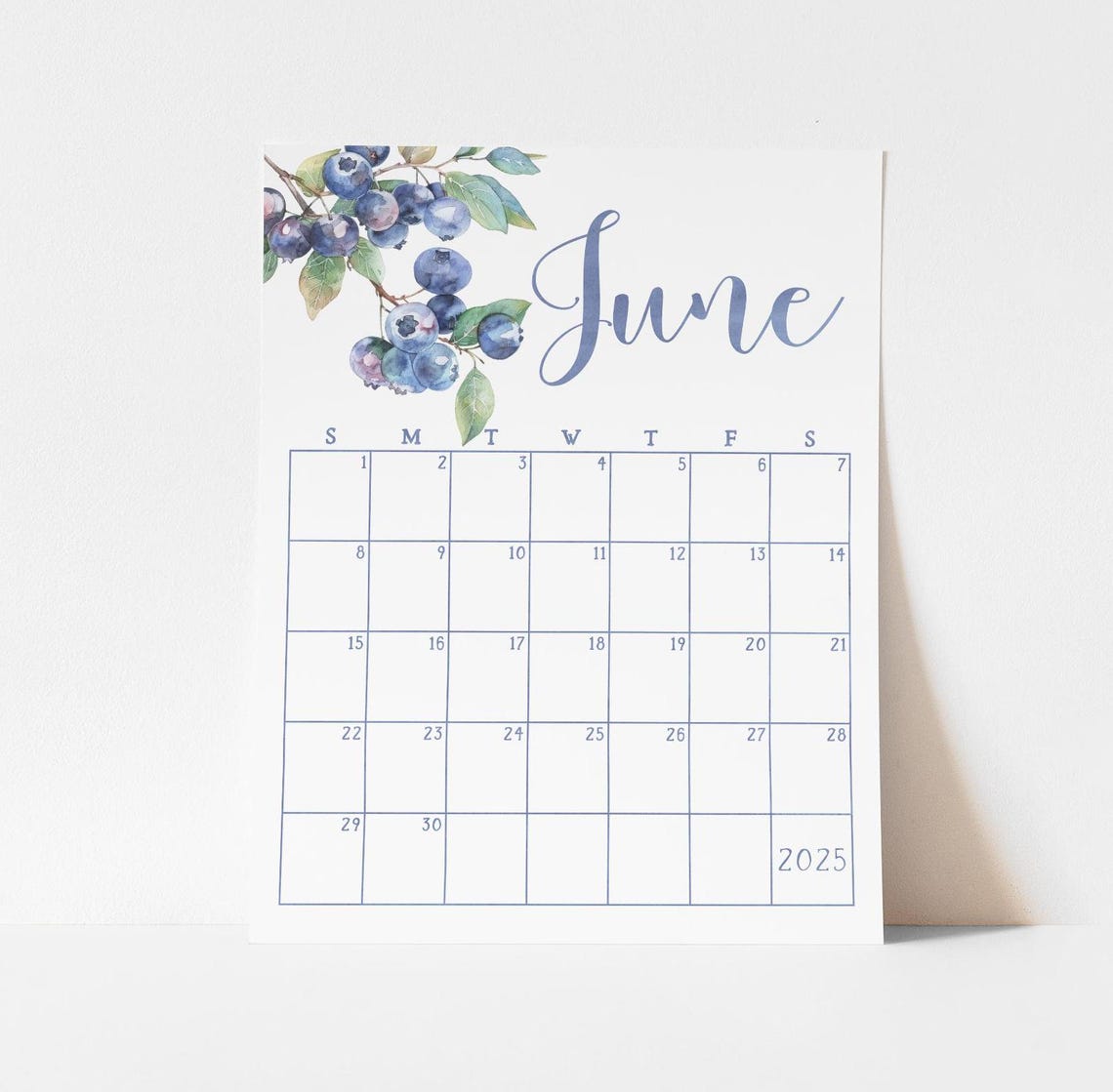 June 2025 Calendar Blueberry Watercolor Summer Monthly Planner Print - Image 2