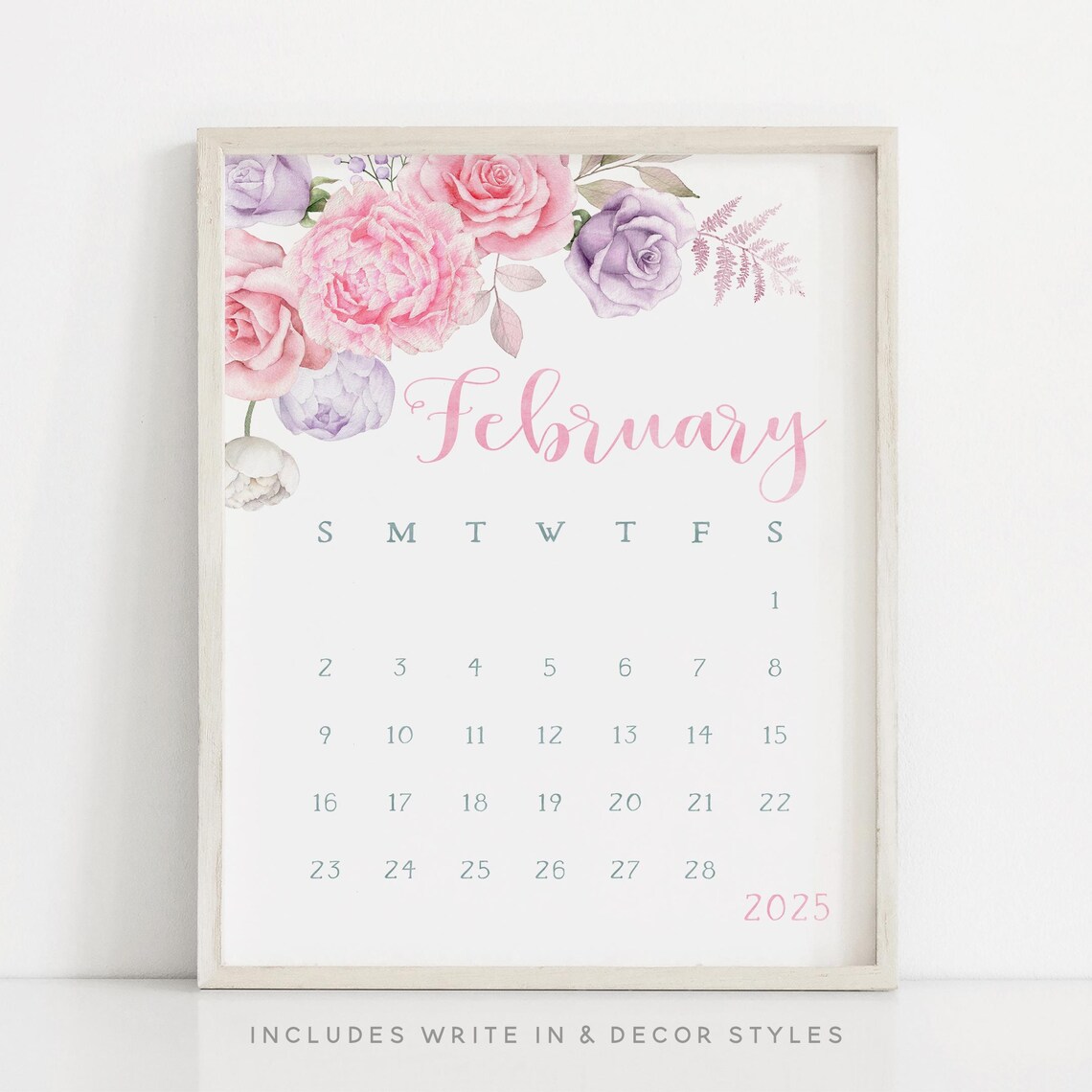 February 2025 Calendar Pink Purple Rose Floral Monthly Planner Art - Image 3