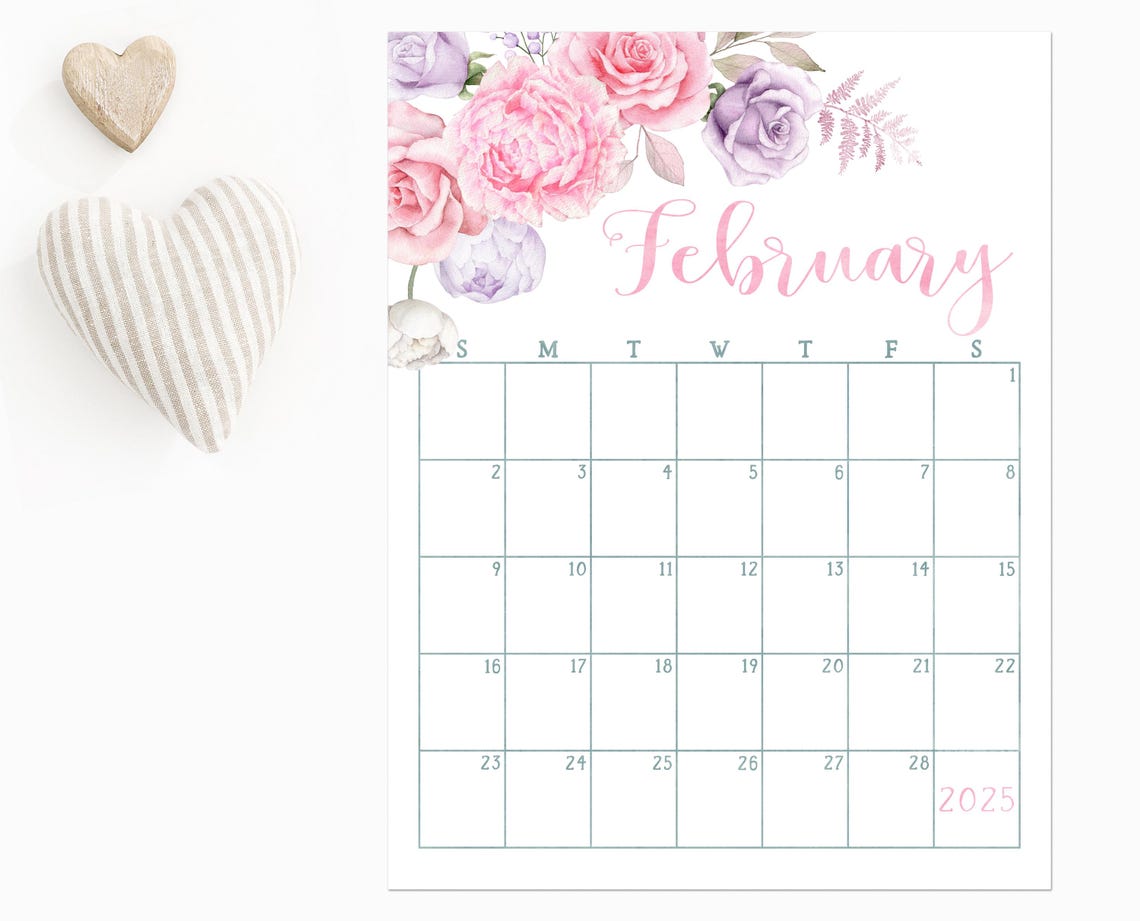 February 2025 Calendar Pink Purple Rose Floral Monthly Planner Art - Image 4