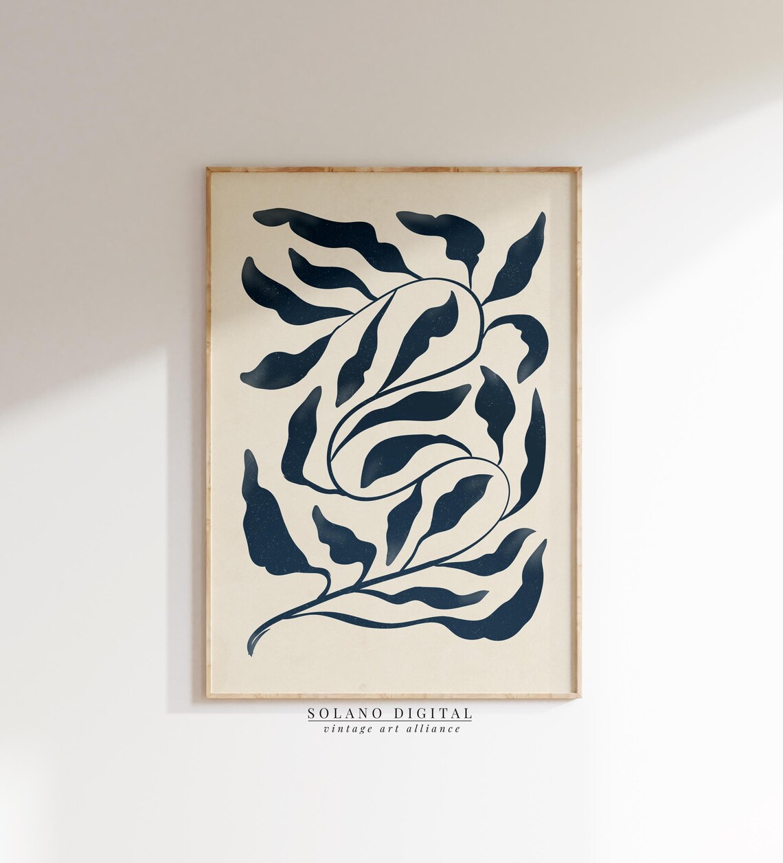 Navy Blue Botanical Leaf Art Print, Modern Boho