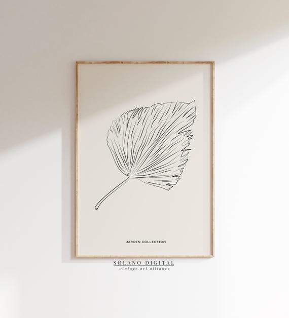 Minimal Botanical Leaf Line Art Print Black And Beige Wall Decor Jardin Collection Modern