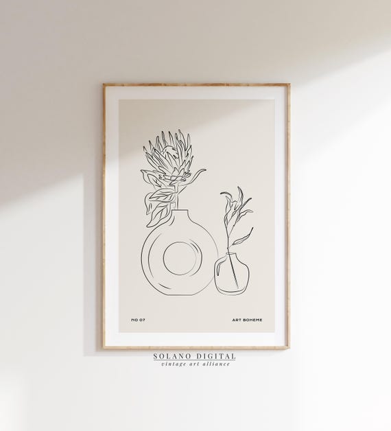 Boho Vase Line Art Print Minimal Floral Poster With Modern Vases Neutral Home Botanical Decor Boheme