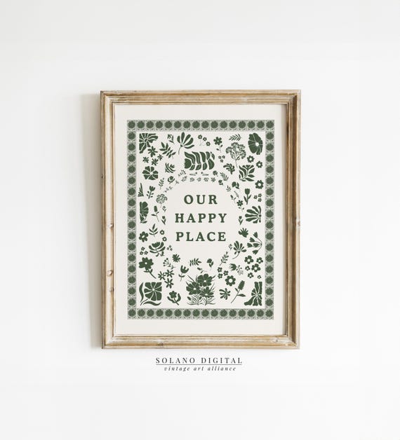 Our Happy Place Wall Art Cozy Home Decor Typography Trendy For Minimalist Living Room Cottage Kitchen Forest Green