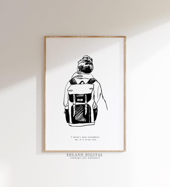 Wanderlust Art Travel Quote Poster Minimalist Backpack Line Drawing Adventure Wall Print