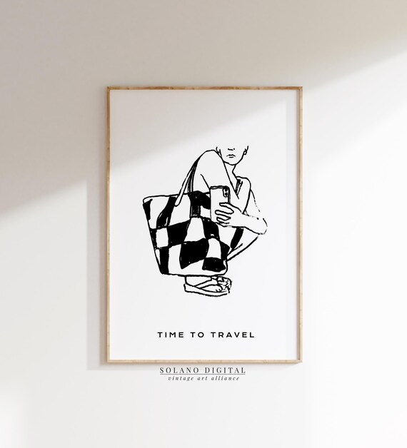 Minimalist Travel Girl Art Black And White Fashion Illustration Modern Wall For Entryway Or Living Room