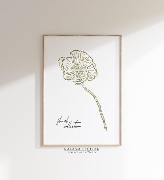 Minimalist Botanical Line Drawing Poppy Flower Wall Art Floral Vintage Poster