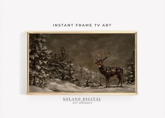 Winter Deer Stag Snowy Forest Moody Rustic Christmas Art Poster
