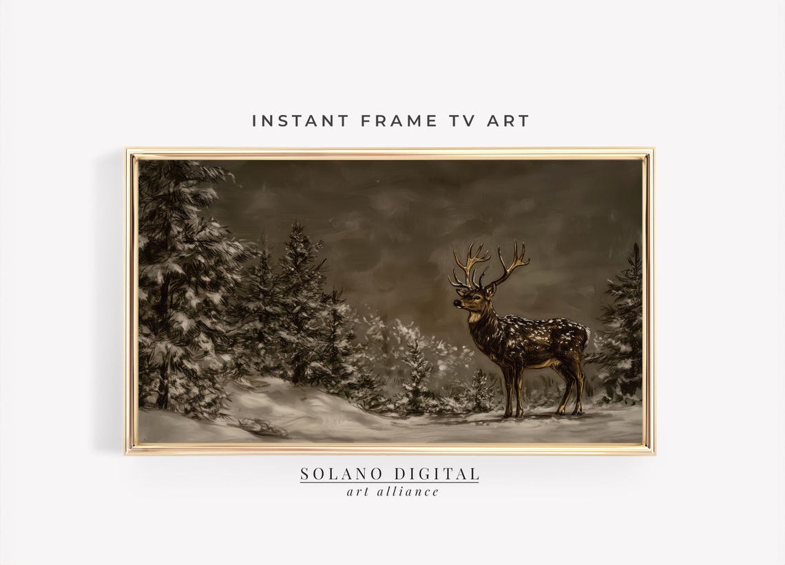 Winter Deer Stag Snowy Forest Moody Rustic Christmas Art Poster