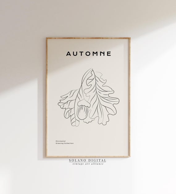 Autumn Oak Leaf Art Minimalist Botanical Line Drawing Fall Wall Print Boho Neutral Nature Decor Poster